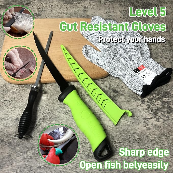 Fishing Knife Set, Fish Cleaning Kit, Filet Knife for Fish, Fish Scale Cleaning Brush, Multi-Functional Scissors, Gloves, Fishbone Tweezers, Storage Bag,Fishing Accessories,Fishing Tool Kit