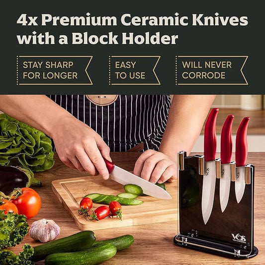 Vos Ceramic Knife Set, Ceramic Knives Set For Kitchen, Ultra Sharp Kitchen Knife Set with Covers, 3" 4" 5" 6" Paring, Santoku, Chef Knife & Utility, Lightweight, Dishwasher safe (Red with Block)