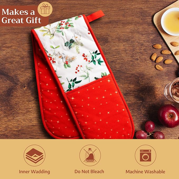 Maison d' Hermine Double Oven Mitts 100% Cotton Double Oven Glove (7"x35") | Heat Resistant BBQ Cooking Gloves with Loop Baking Kitchen Home Hotel Farmhouse Thanksgiving Christmas - Noel