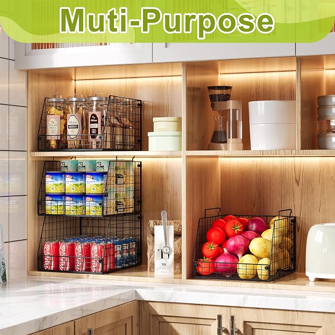 Jakyitvi 4 Pack XXL Stackable Wire Storage Basket, Extra Large Capacity Pantry Organizer and Storage, Muti-Purpose for Fruit Vegetable Basket & Toy Bin & Snack Organizer