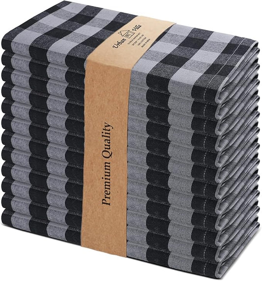 Urban Villa Cotton Dinner Napkins Set of 12, Highly Absorbent Soft Premium Cloth Napkins 20x20 Inches, Hotel Quality Reusable & Washable Table Dinner Napkins for Home - (Grey/Black, Buffalo Checkerd)