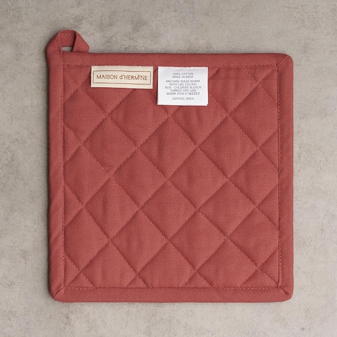 Maison d' Hermine Pot Holders 100% Cotton Potholders (8" x 8", Pack of 2) | Heat Resistant Hot Pads with Loop BBQ Cooking Baking Kitchen Handling Hot Pans Thanksgiving Christmas - Holy Jouy - Brown