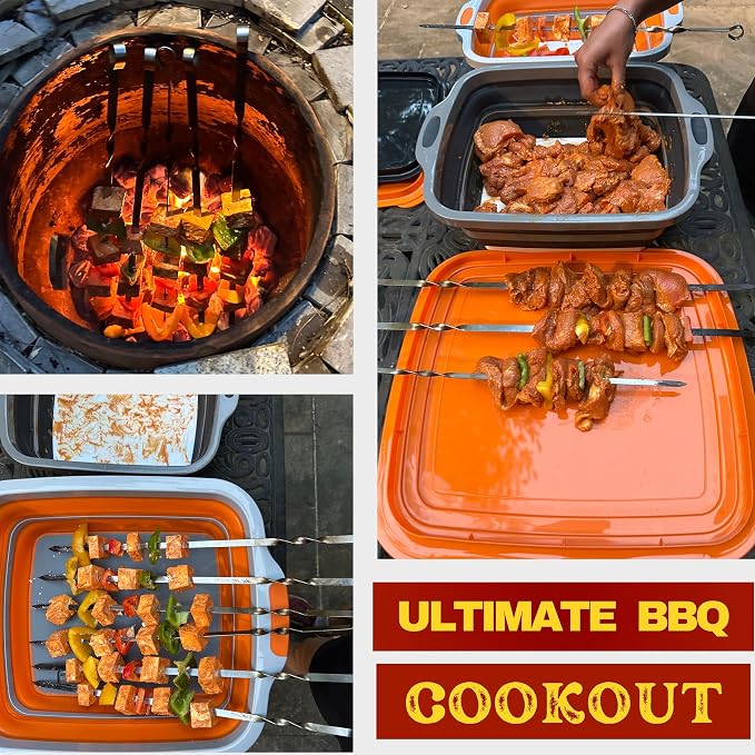 Collapsible X-Large (16L) BBQ Marinating Tub w/ Cutting Board | Multipurpose Food-Grade TPE Prep Tub w/ Lid | Built-In Colander & Drain Plug - For Camping | Tailgate | Picnic - Slate Black