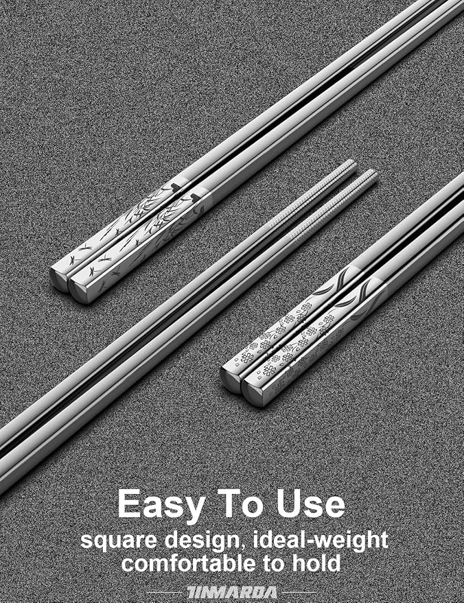 TINMARDA Metal Chopsticks Reusable 5 Pairs 18/8 Stainless Steel Chopstick Beautiful Engraving Patterns Dishwasher Safe Non-Slip Japanese Korean Chop Sticks Present Set