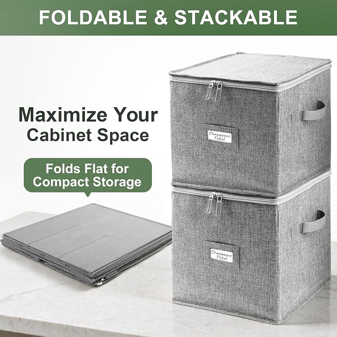LotFancy Champagne Flute Storage Container for Moving, Hard Shell, 2 Pack Stackable 12" Tall Stemware Storage Box with Dividers & Handles, Wine Glass, Crystal Glassware, Drinkware Case, Gray