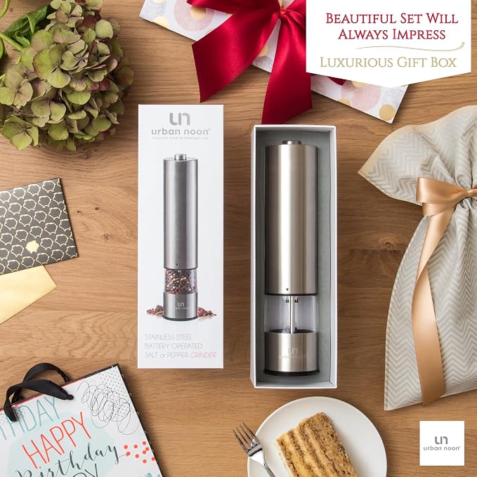 Urban Noon Electric Salt or Pepper Grinder (1 Mill, 8.1" Tall) - One-Handed Push-Button Mills with LED Light, Adjustable Ceramic Coarseness, Gift-Ready Box, 1-Year Warranty - Stainless Steel
