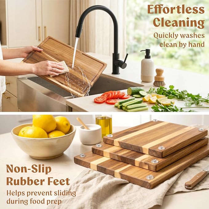 Acacia Wood Cutting Boards for Kitchen Set of 3, Juice Groove | Non Toxic Wooden Chopping Boards, Knife Friendly, Large Kitchen Boards for Meat, Cheese, Charcuterie & Serving