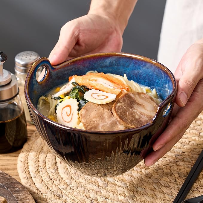 Ramen Bowl with Chopsticks and Spoons Set, 7 Inch Ceramic Noodle Bowl Set of 2, Donburi Bowl Dishwasher Safe for Pho Udon Soba Noodle Salad Pasta, Special Midnight Tide Bowls Set