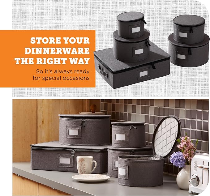storageLAB 5-Piece China Storage Set | Plates & Mugs | Woven Linen | Gray | Full china set for 12 - 4 plate cases + mug case, zipper closure. Hard shell, felt dividers, stackable, top-load.