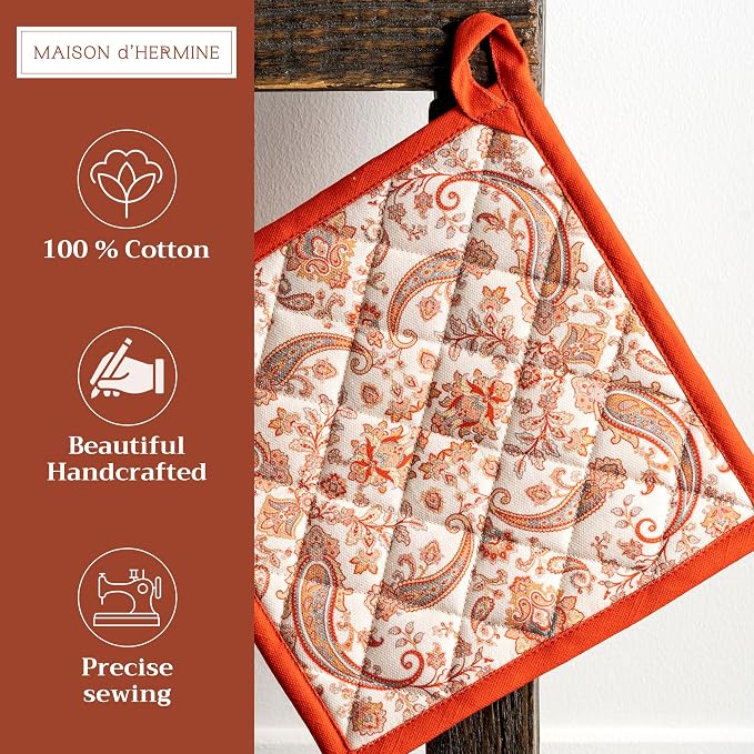 Maison d' Hermine Pot Holders 100% Cotton Potholders (8" x 8", Pack of 2) | Heat Resistant Hot Pads with Loop BBQ Cooking Baking Hotel Kitchen Handling Hot Pans Thanksgiving Christmas - Cachemire