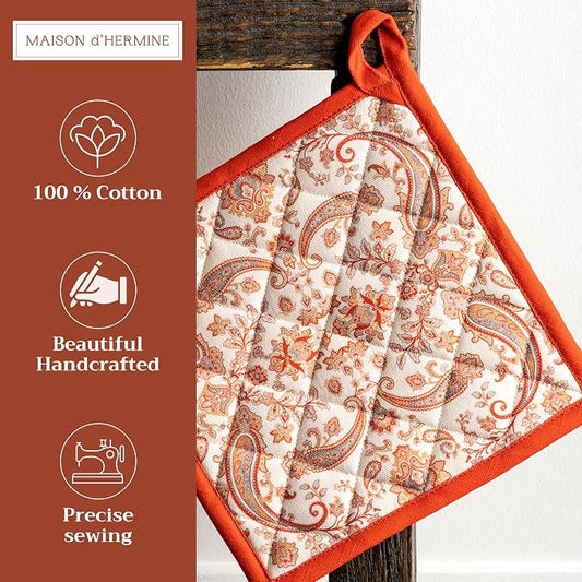 Maison d' Hermine Pot Holders 100% Cotton Potholders (8" x 8", Pack of 2) | Heat Resistant Hot Pads with Loop BBQ Cooking Baking Hotel Kitchen Handling Hot Pans Thanksgiving Christmas - Cachemire