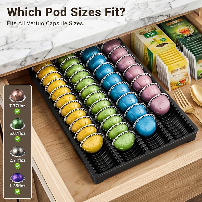 EVERIE Drawer Coffee Pod Organizer for Vertuo Capsules – Holds Up to 40 Large or 52 Small Pods, Space-Saving Insert Tray, Fits Kitchen Cabinets, 15.4" x 10.2" x 1.2", Pack of 2