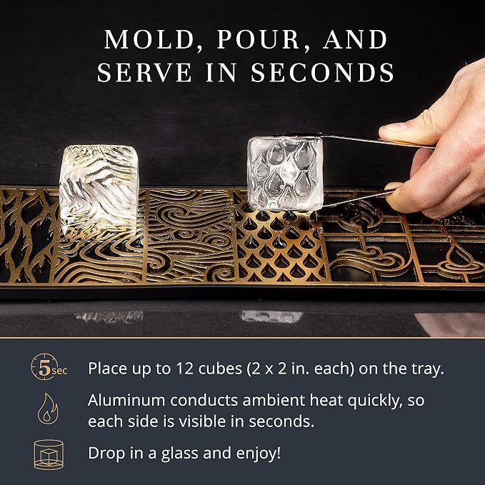 Clear Ice Cube Maker Design Tray - Craft Modern Ice Molds for Bourbon & Cocktails in 5 Seconds - Whiskey Mold Cube Stamp – Bartender Accessories - Copper Ice Press Cocktails by Ash Harbor (Elements)