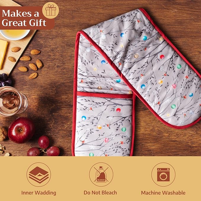 Maison d' Hermine Double Oven Mitts 100% Cotton Double Oven Glove (7"x35") | Heat Resistant BBQ Cooking Gloves with Loop Baking Kitchen Home Hotel Farmhouse Thanksgiving Christmas - Fairy Christmas