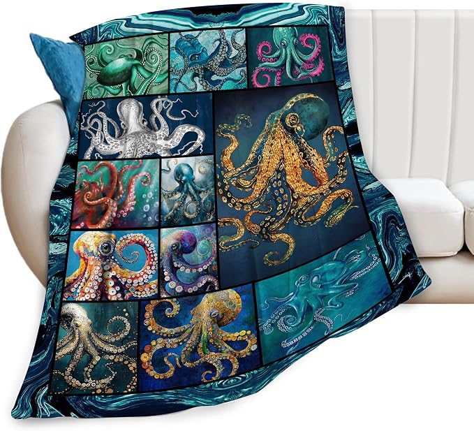 Ocean Octopus Blanket Soft Octopus Flannel Fleece Blanket Cozy Warm Nautical Octopus Stuff Decor Bedding Plush Throw Blanket Octopus Gifts for Lovers Girls Boys Kids Women Adults Bed Travel 60"x80"