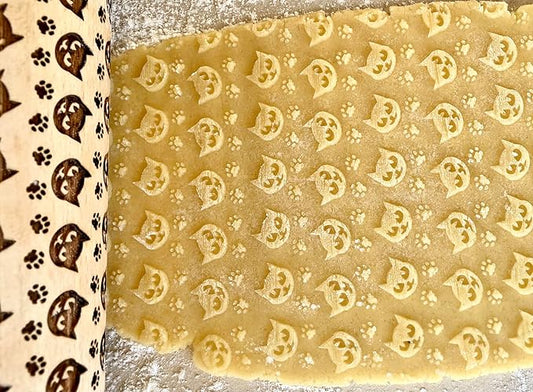 PUSSY CAT EMBOSSING ROLLING PIN ENGRAVED with CAT PAW for EMBOSSED COOKIES or PASTA KITTY CATS