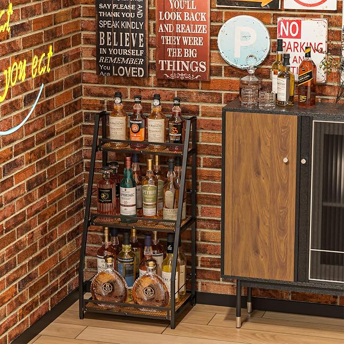 Hayexiha 3-Tier Liquor Stand for Home Bar, Stepped Freestanding Wine Rack | Compact Display: 15.55-inch-wide wood-and-iron stand has three fenced tiers and adjustable feet for corners or home bars.