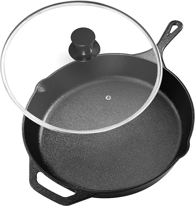 Utopia Kitchen Cast Iron Skillet 10 Inch with Lid Chefs Frying Pan Black | Chefs Pan, Pre Seasoned Skiller, Indoor and Outdoor Use, Grill Safe Cookware, Even Heat Distribution, Durable