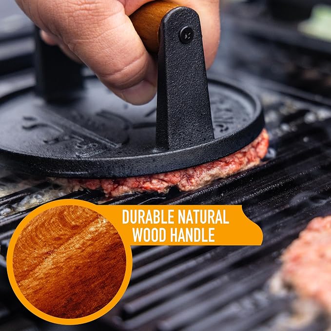 SMASHER KING™ - Smash Burger Press - Cast Iron Burger Smasher | Hamburger Patty Maker - Smash Burger Kit With 25 Sheets Of Paper - Grill Press And Steak Weight And Heavy Meat Smasher