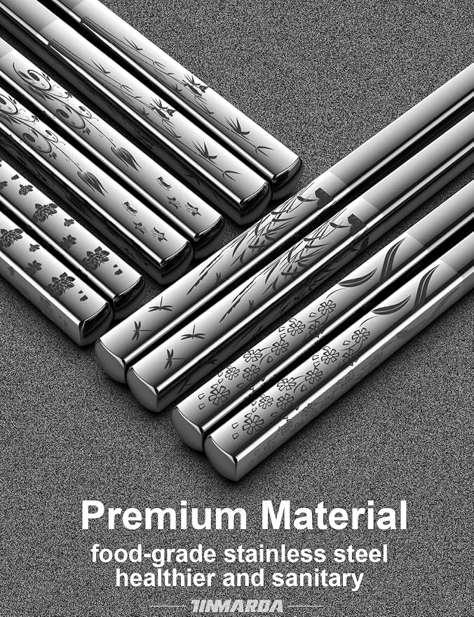 TINMARDA Metal Chopsticks Reusable 5 Pairs 18/8 Stainless Steel Chopstick Beautiful Engraving Patterns Dishwasher Safe Non-Slip Japanese Korean Chop Sticks Present Set