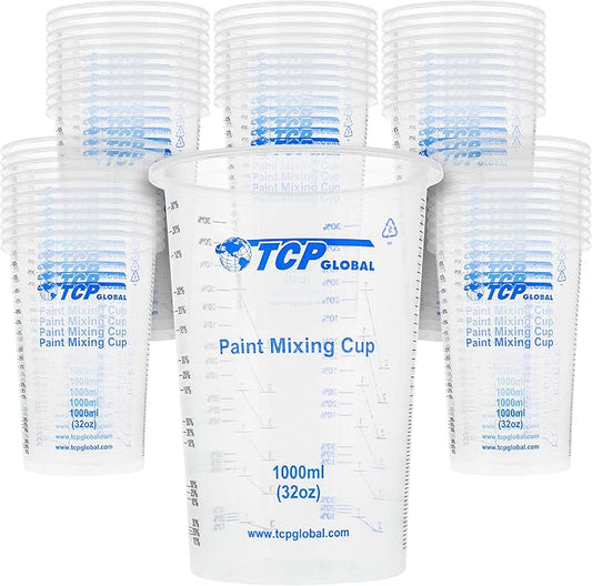 TCP Global 32 oz. (1000ml) Graduated Plastic Mixing Cups (Box of 50) - Disposable Plastic Measuring Cups for Liquids, Paints, Resin, Epoxy, Art, Kitchen - Ratios 2-1, 3-1, 4-1 ML