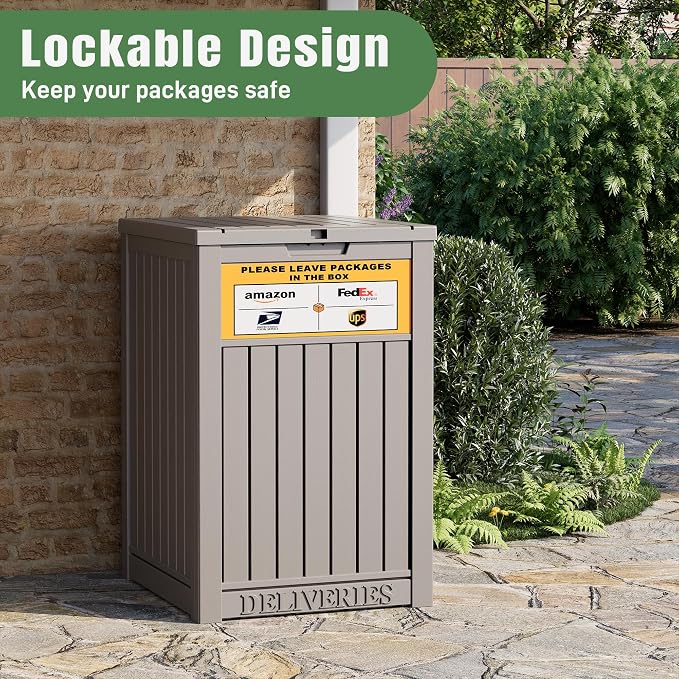 Package Delivery Box for Outside with Sign, Secure Lockable Waterproof Package Delivery Container, Resin Deck Box for Porch & Garden, Grey