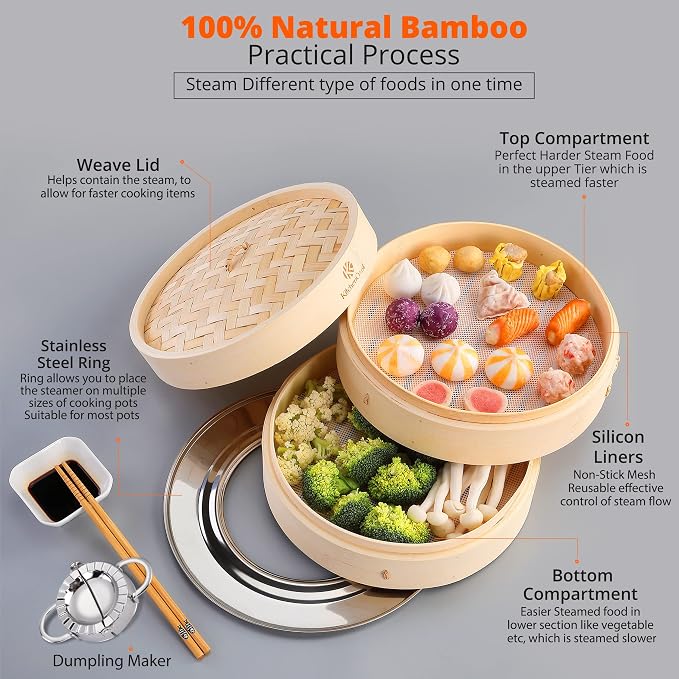 KITCHENCRUST Bamboo Steamer Basket for Chinese Asian Cuisine - 2 Tier 10-Inch Steaming Basket Bun Vegetable Steam, Dumpling Steamer bamboo steam basket, Sauce Dish, Chopsticks, Reusable Liners, Ring