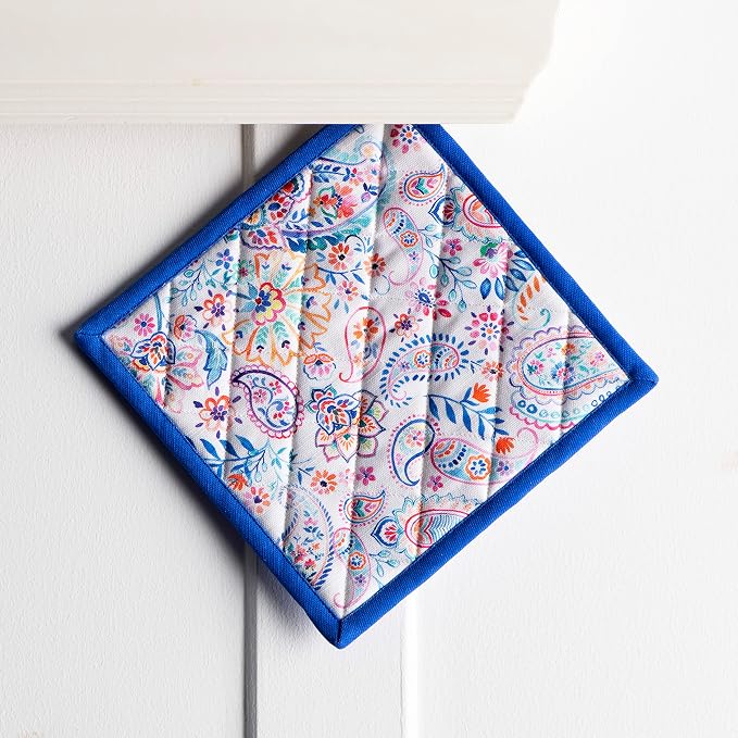 Maison d' Hermine Pot Holders 100% Cotton Potholders (8" x 8", Pack of 1) | Heat Resistant Hot Pads with Loop BBQ Cooking Baking Farmhouse Kitchen Handling Hot Pans Spring Summer - Indian Floral