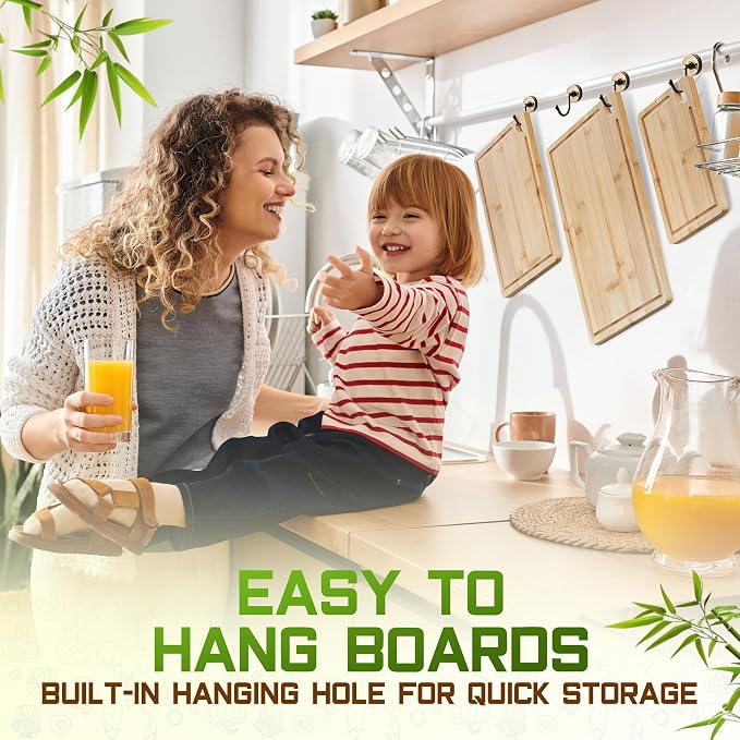Bamboo Cutting Board Set of 3 (15x10, 12x9, 9x6) – Extra-Thick, Deep Juice Groove Wood Cutting Boards – Knife-Friendly for Kitchen Prep, Carving & Charcuterie – Easy to Clean