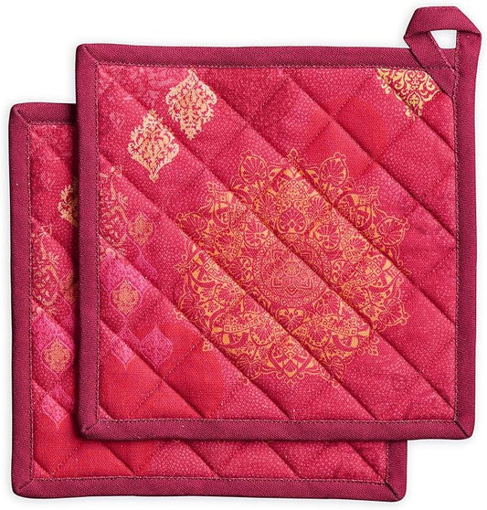 Maison d' Hermine Pot Holders 100% Cotton Potholders (8" x 8", Pack of 2) | Heat Resistant Hot Pads with Loop BBQ Cooking Baking Hotel Kitchen Handling Hot Pans Thanksgiving Christmas - Versailles