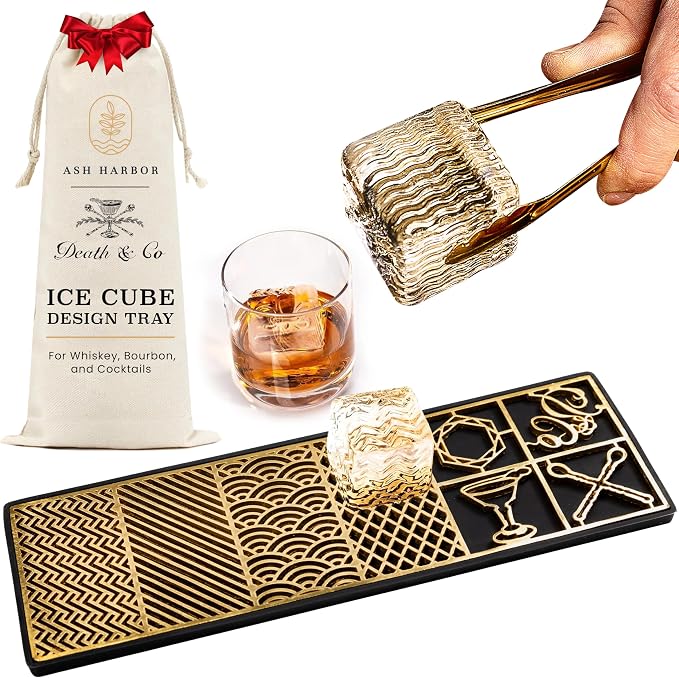 Death & Co Clear Ice Cube Maker Design Tray - Craft Modern Bourbon & Cocktails in 5 Seconds - Whiskey Mold Cube Ice Stamp – Bartender Accessories - Old Fashion Cocktails by Ash Harbor X Death and Co