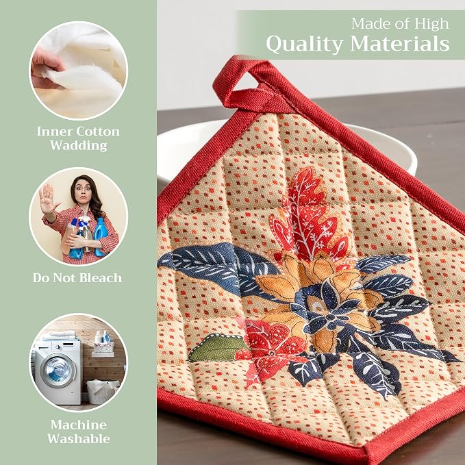 Maison d' Hermine Pot Holders 100% Cotton Potholders (8" x 8", Pack of 1) | Heat Resistant Hot Pads with Loop BBQ Cooking Baking Hotel Kitchen Handling Hot Pans Thanksgiving Christmas - Kalahari