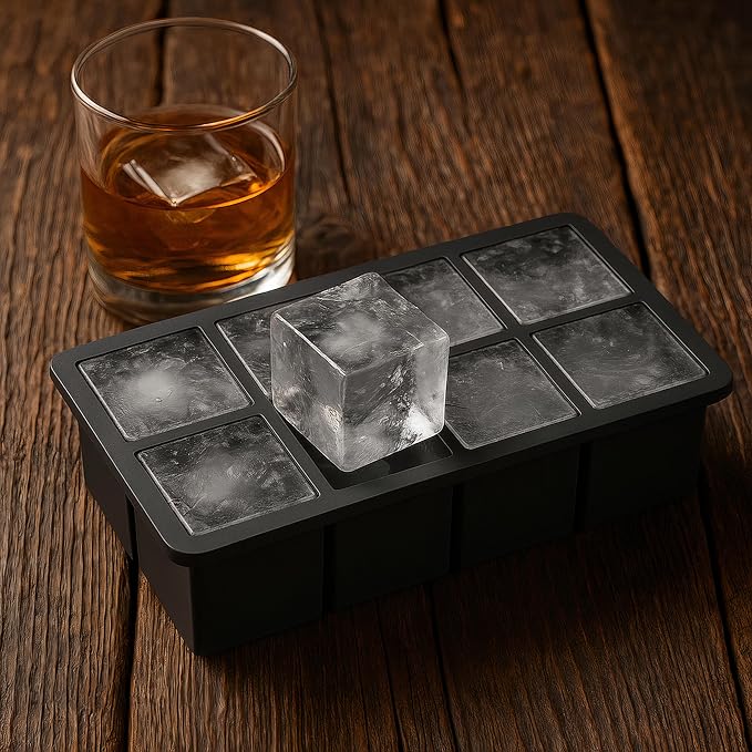 Ice Cube Molds – 2-Pack Silicone Trays for 8 Large Square Cubes – Slow-Melt Ice for Whiskey, Cocktails, Coffee & More (Black_2)