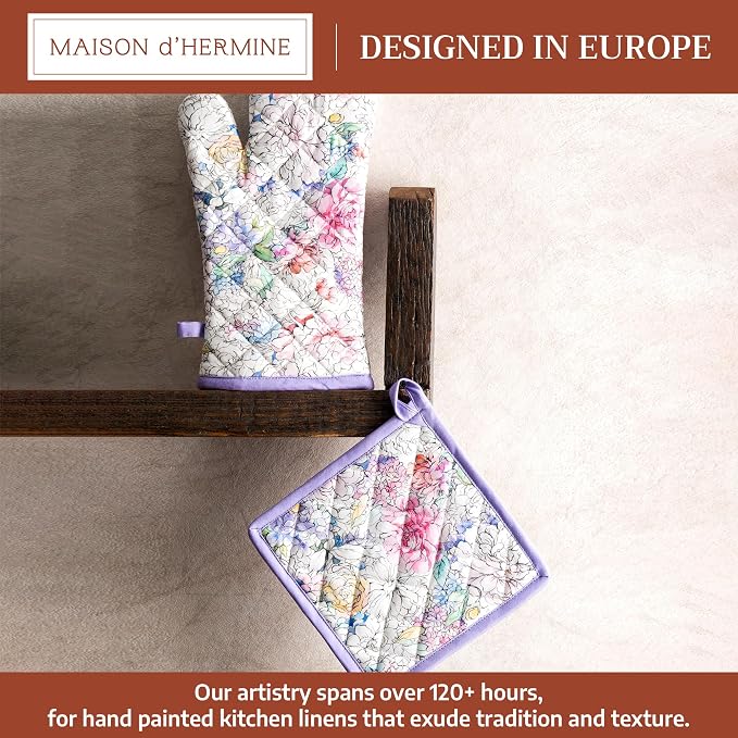 Maison d' Hermine 100% Cotton Oven Mitt & Pot Holder Set (7.5"x13" & 8"x8") | Heat Resistant BBQ Cooking Gloves with Loop Baking Grilling Kitchen Hotel Home Farmhouse Spring Summer - Floral Love