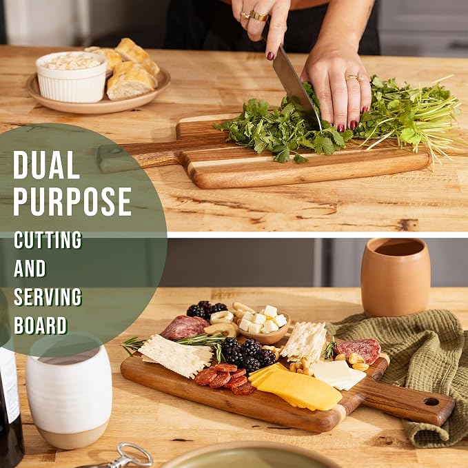 Acacia Wood Cutting Board and Chopping Board with Handle for Meat, Cheese Board, Vegetables, Bread, and Charcuterie - Decorative Wooden Serving Board for Kitchen and Dining Room, 16" x 8"