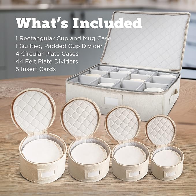 storageLAB China Storage Containers, Containers for Organizing, Hard Shell Case, Felt Plate Dividers, Moving Supplies, Storage Box, Wine, Dishes, Glasses Storage, Charger Plates Storage Containers | 5-piece quilted set for 12 - 4 plate cases + mug case...