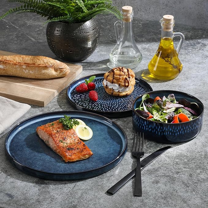 Gibson Elite 12 Piece Matisse Moderna Stoneware Reactive Glaze Plates and Bowls Dishes Dinnerware Set - Cobalt Blue
