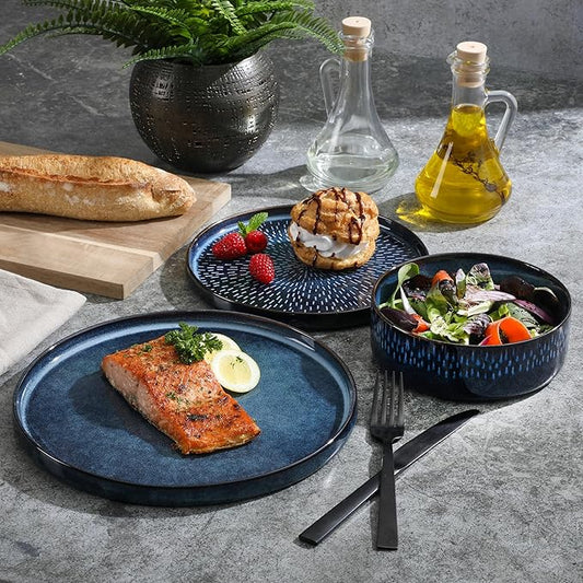 Gibson Elite 12 Piece Matisse Moderna Stoneware Reactive Glaze Plates and Bowls Dishes Dinnerware Set - Cobalt Blue