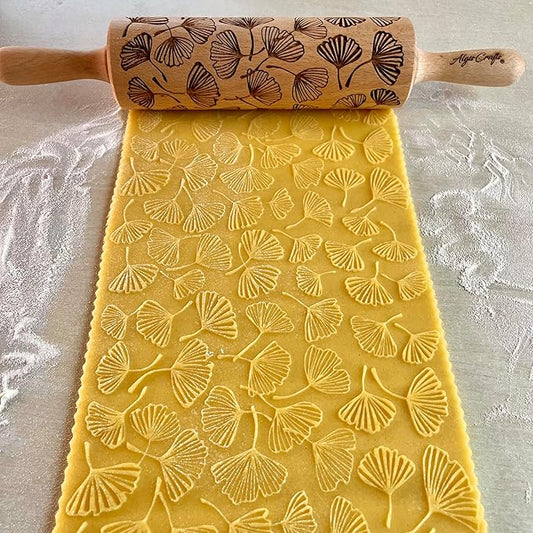 Embossing Rolling Pin GINKGO with Ginkgo Biloba Leaves Pattern – Dough and Clay Roller for Embossed Cookies and Pottery - Cookie and Ceramic Stamp - Baking Gifts for Women by Algis Crafts