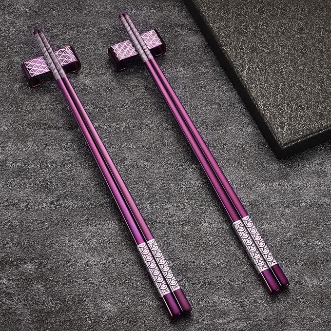 Metal Chopsticks Reusable 2 Pairs Titanium Stainless Steel 18/8 Chopsticks with Holder, Dishwasher Safe Lightweight Japanese Style Chopsticks Gift Set (Purple)