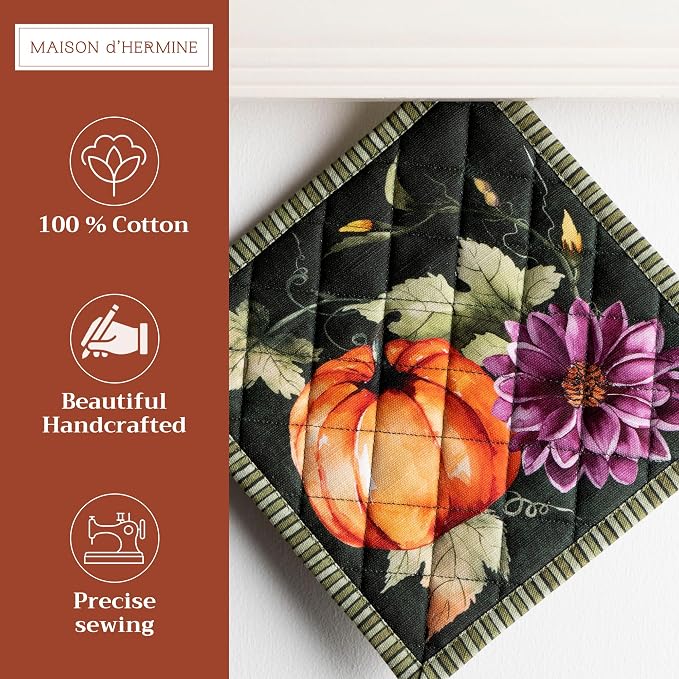 Maison d' Hermine Pot Holders 100% Cotton Potholders (8" x 8", Pack of 2) | Heat Resistant Hot Pads with Loop BBQ Cooking Kitchen Handling Hot Pans Thanksgiving Christmas - Pumpkin Garden - Dark Green