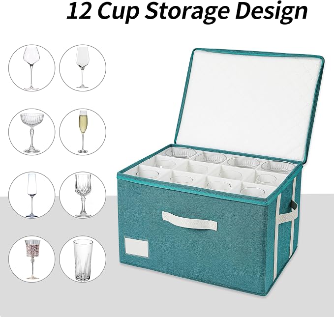 Stemware Storage Cases,Wine Glass Storage Box,with Dividers,Holds 12 Red or White Wine Glasses, Durable Glassware Storage Containers for Crystal or Stemware (Green white, 2 Stemware storage cases)