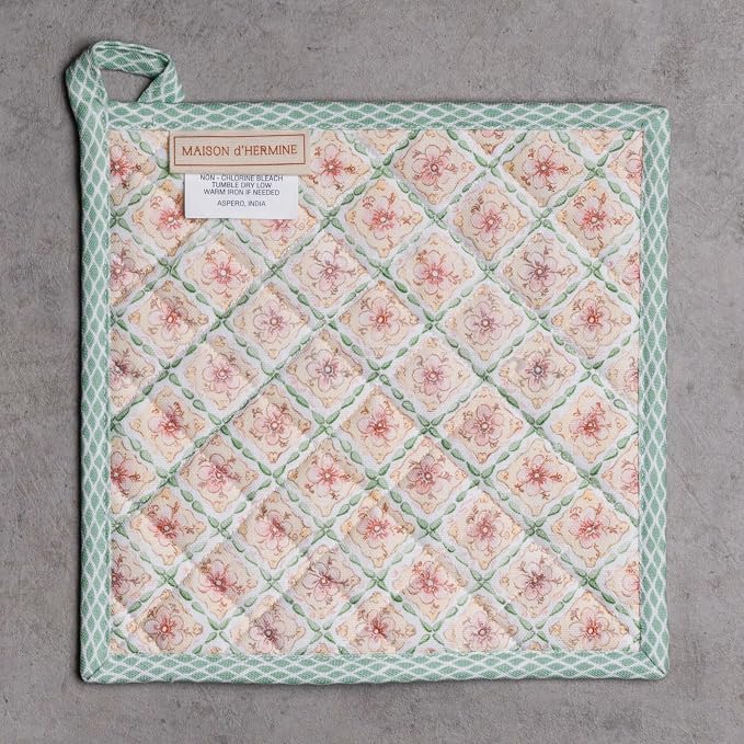 Maison d' Hermine Pot Holders 100% Cotton Potholders (8" x 8", Pack of 2) | Heat Resistant Hot Pads with Loop BBQ Cooking Baking Farmhouse Kitchen Handling Hot Pans Spring Summer - Easter Dew