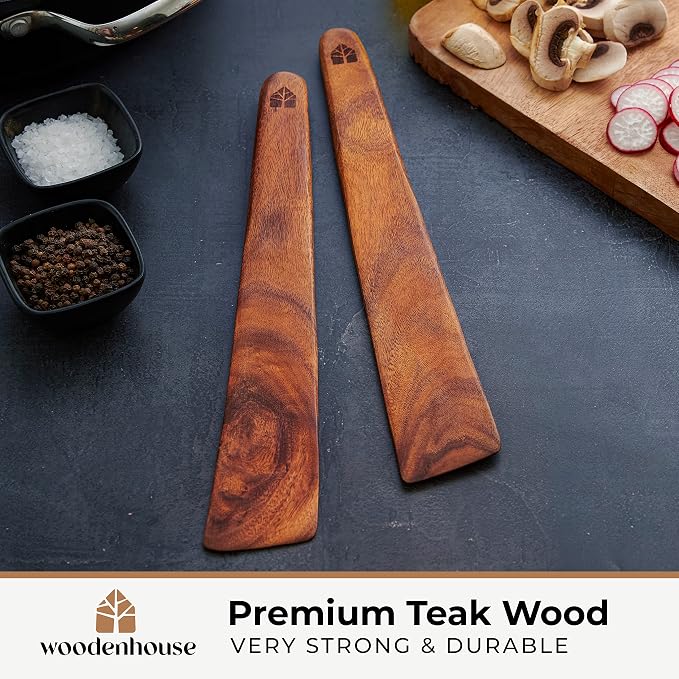 Wooden Spatula for Cooking, 12" Set of 2 - Turner & Scraper for Cast Iron | Flipper for Non Stick & Frying Pan, Egg & Pancake – BPA Free & Heat Resistant Teak Utensils