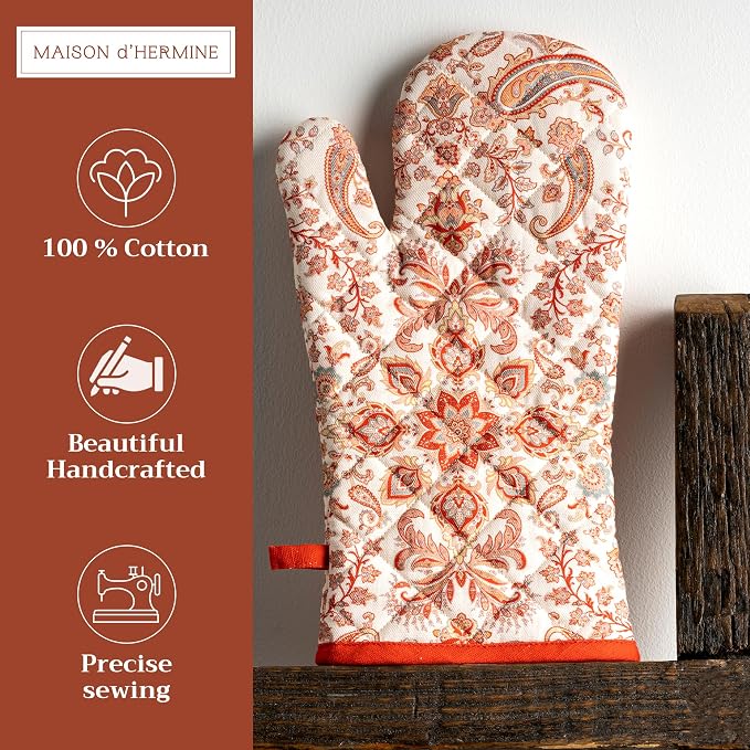 Maison d'Hermine Oven Gloves 100% Cotton Oven Mitt (7" x 13", Pack of 1) | With Loop Heat Resistant BBQ Cooking Gloves Baking Kitchen Handling Hot Pans Thanksgiving Christmas - Cachemire