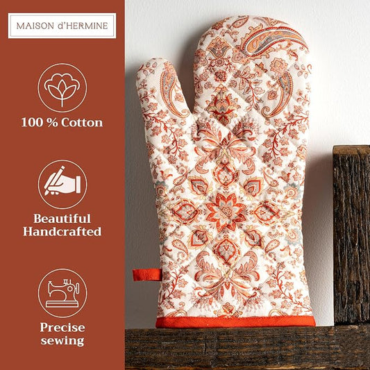 Maison d'Hermine Oven Gloves 100% Cotton Oven Mitt (7" x 13", Pack of 1) | With Loop Heat Resistant BBQ Cooking Gloves Baking Kitchen Handling Hot Pans Thanksgiving Christmas - Cachemire