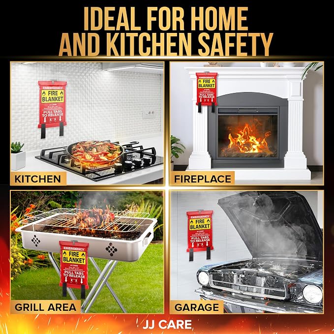 JJ CARE Fire Blanket – 3 Packs with Hooks and Gloves – 40” x 40” Fire Blankets Emergency for Home and Kitchen, High Heat Resistant and Flame Protection for Kitchen, Car, Office, Camping & Home Safety