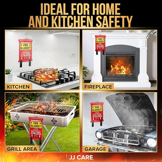 JJ CARE Fire Blanket – 40"x40" 4 Packs with Hooks – Emergency Fire Blanket for Home & Kitchen, High Heat Resistant Fire Suppression Blankets for Home Safety, Kitchen, and Camping
