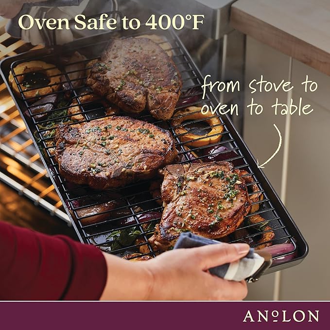 Anolon Advanced Home Hard Anodized Nonstick Double Burner Griddle/Grill Pan with Roasting Rack, 10 Inch x 18 Inch, Bronze