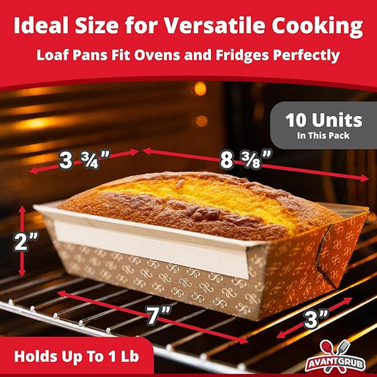 Chef-Grade Elegant 1Lb Paper Loaf Pans 10 Pk. Best Disposable Bakeable Kraft Pan Supply for Baking Bread, Small Meatloaf, Lemon Bundt Cake, Sweets for Holiday Gifts Bake Sales or Fundraiser.